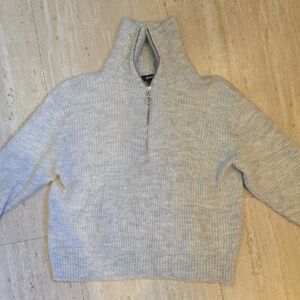 Quince Alpaca Blend 1/4 Zipper High Neck Ribbed Light Gray Sweater